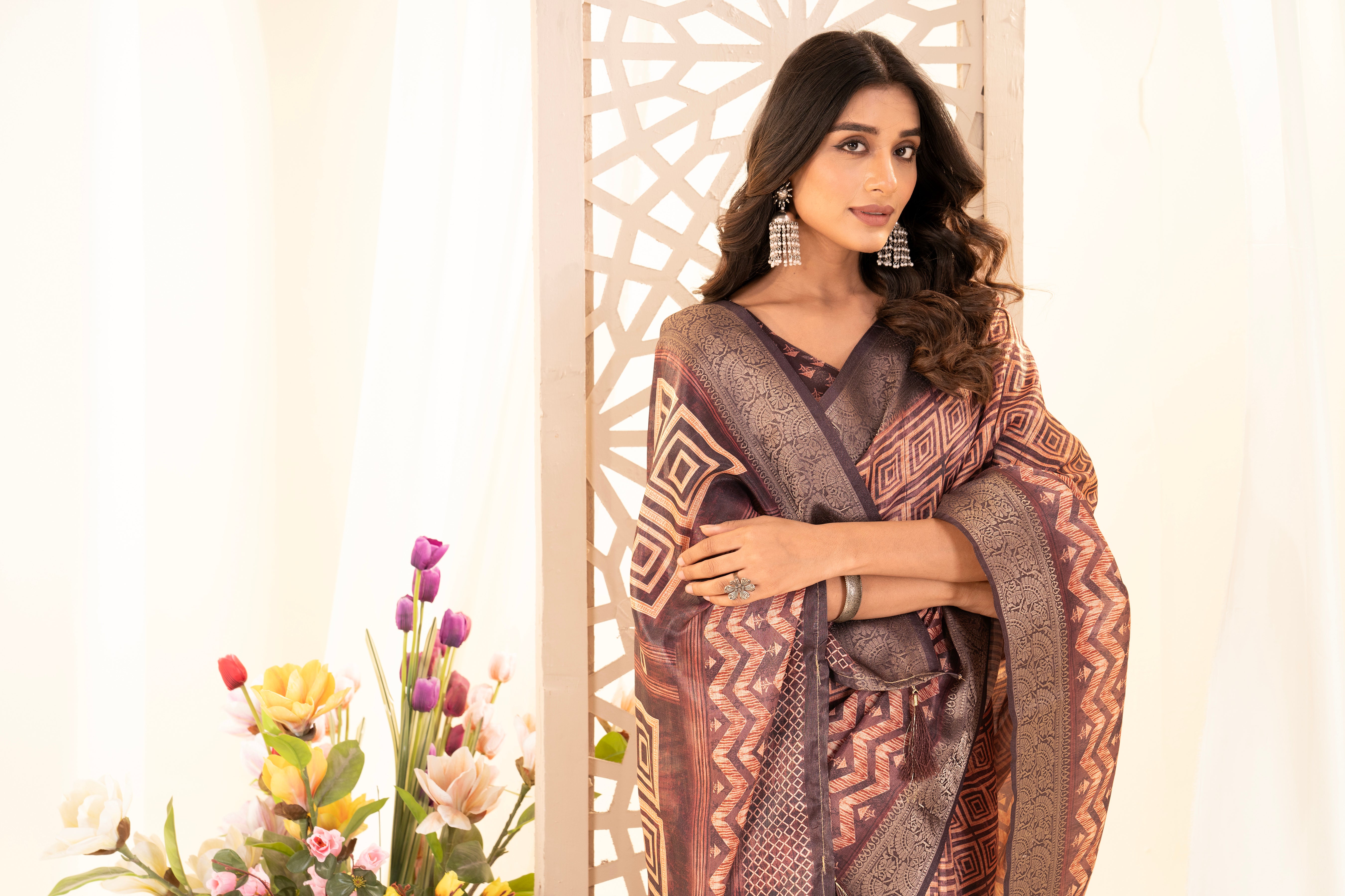 Maroon Tussar Silk Ajrak Saree